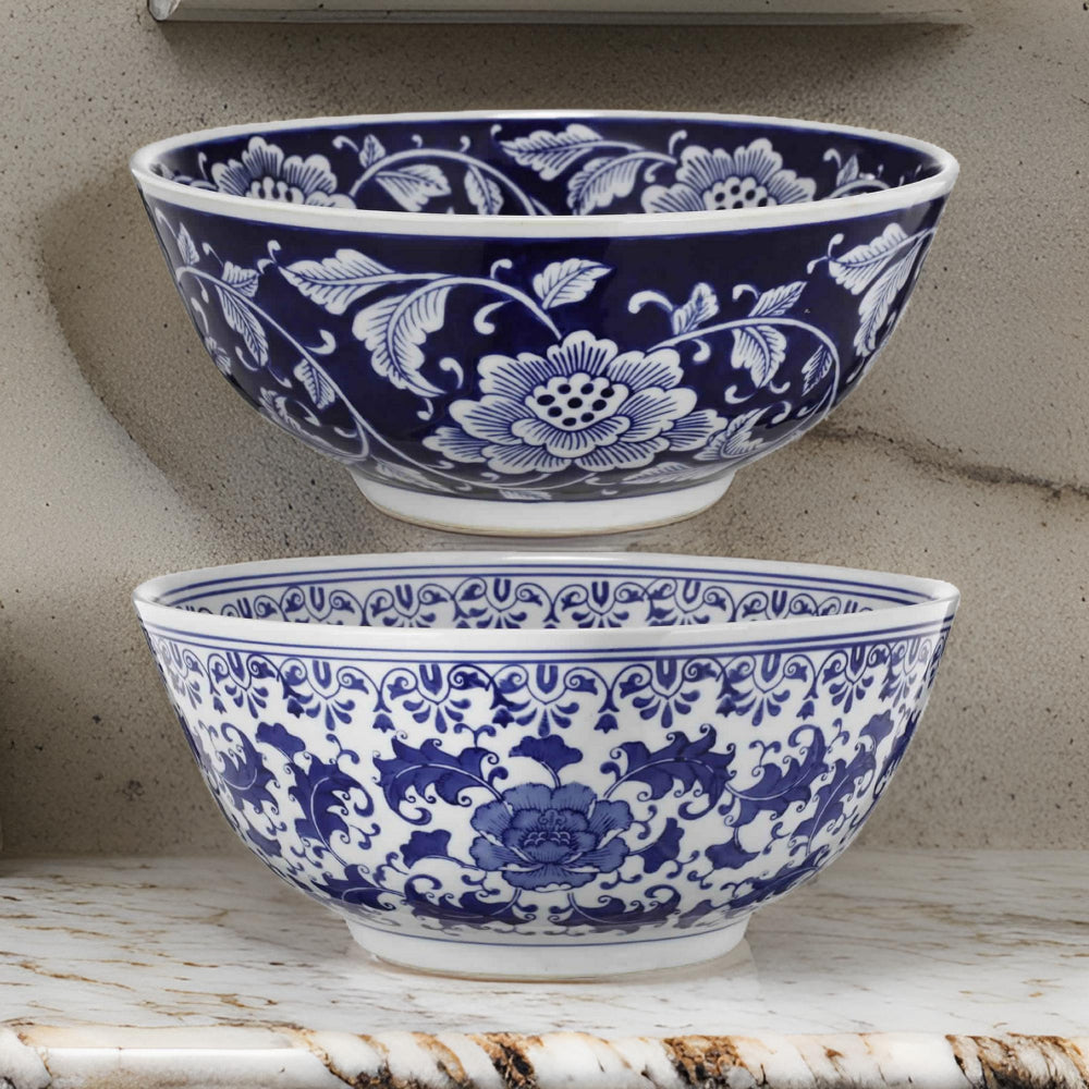 BM165651 Set Of 2 Ceramic Bowls, Blue And White,