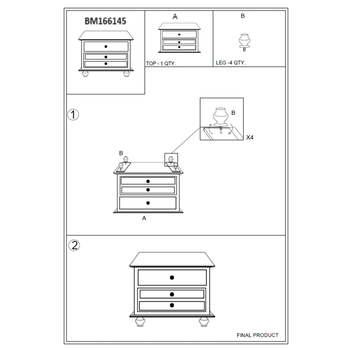 28 Inch Bedside Nightstand, 2 Drawers with Classic Round Knobs, Handcrafted White Mango Wood - BM166145