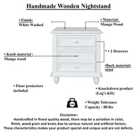 28 Inch Bedside Nightstand, 2 Drawers with Classic Round Knobs, Handcrafted White Mango Wood - BM166145