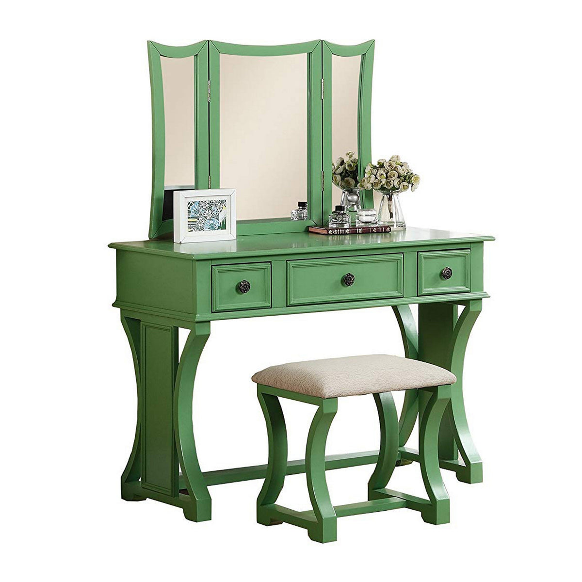 Modish Vanity Set Featuring Stool And Mirror Green - BM167182