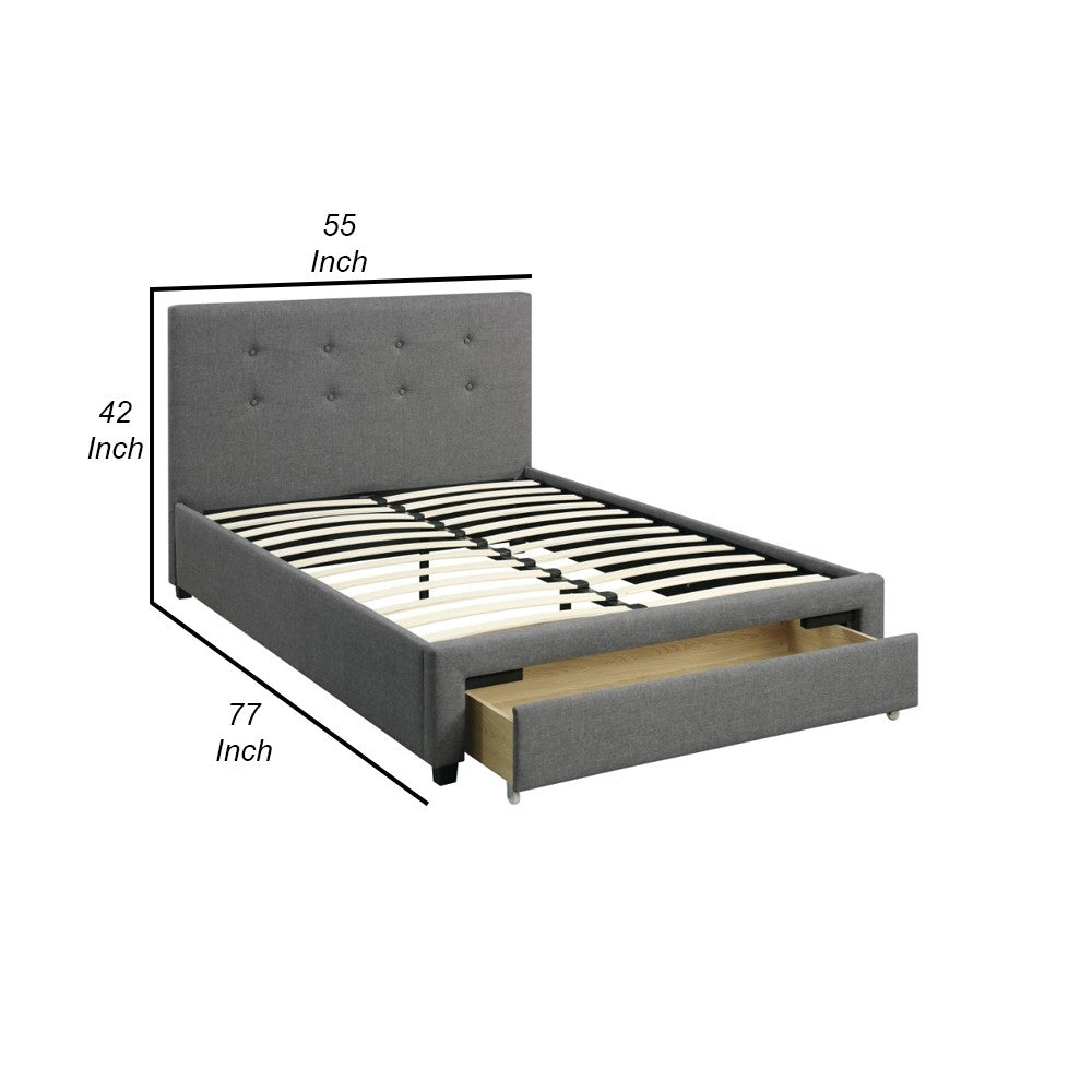 Upholstered Wooden Full Bed With Button Tufted Headboard & Lower Storage Drawer Gray