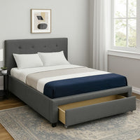 Upholstered Wooden Full Bed With Button Tufted Headboard & Lower Storage Drawer Gray