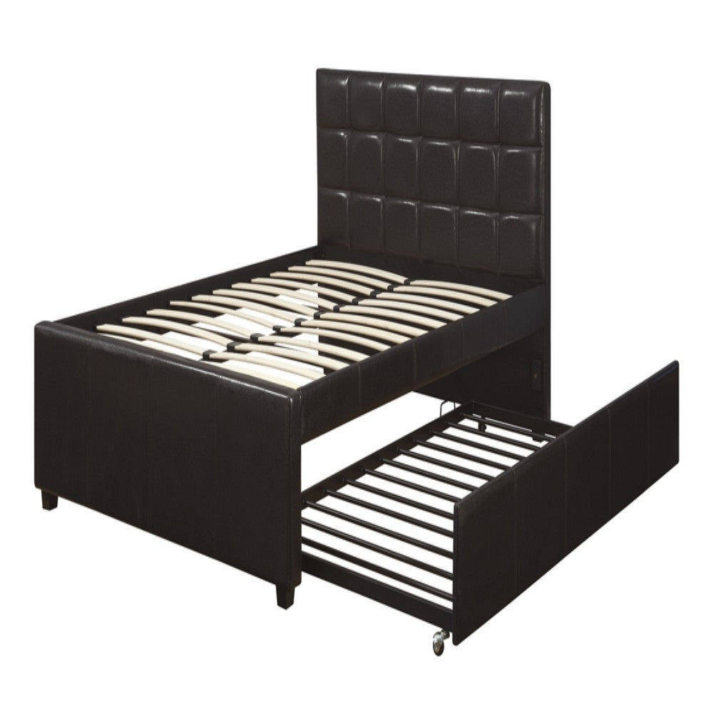 Entralling Twin Bed With Trundle  Squ Tufted Head Boards Espresso,Brown - PDX-F9215T