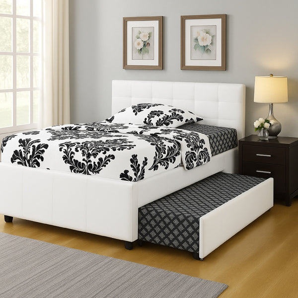 Multi utility Twin Bed With Trundle Squ Tufted Head Boards White