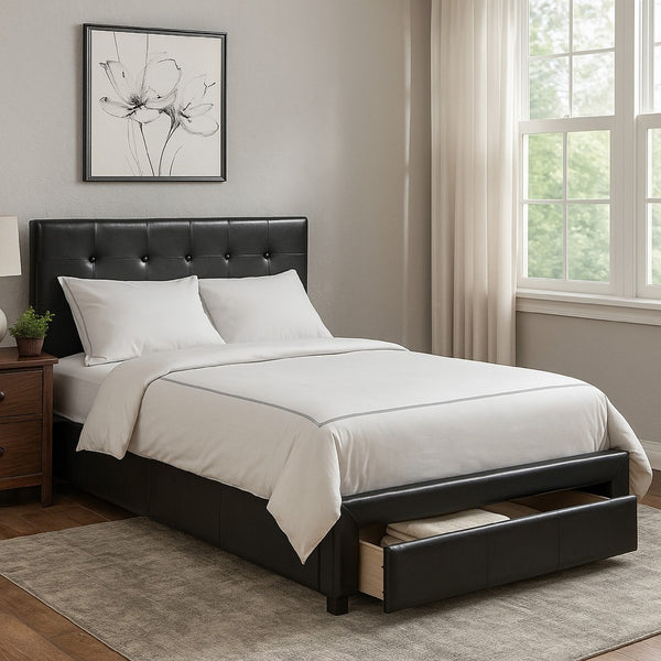 Captivating Queen Bed WithDrawer,Black Pu