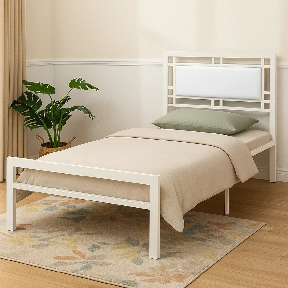 BM171745 Metal Frame Twin Bed With Leather Upholstered Headboard, White