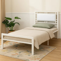 BM171745 Metal Frame Twin Bed With Leather Upholstered Headboard, White
