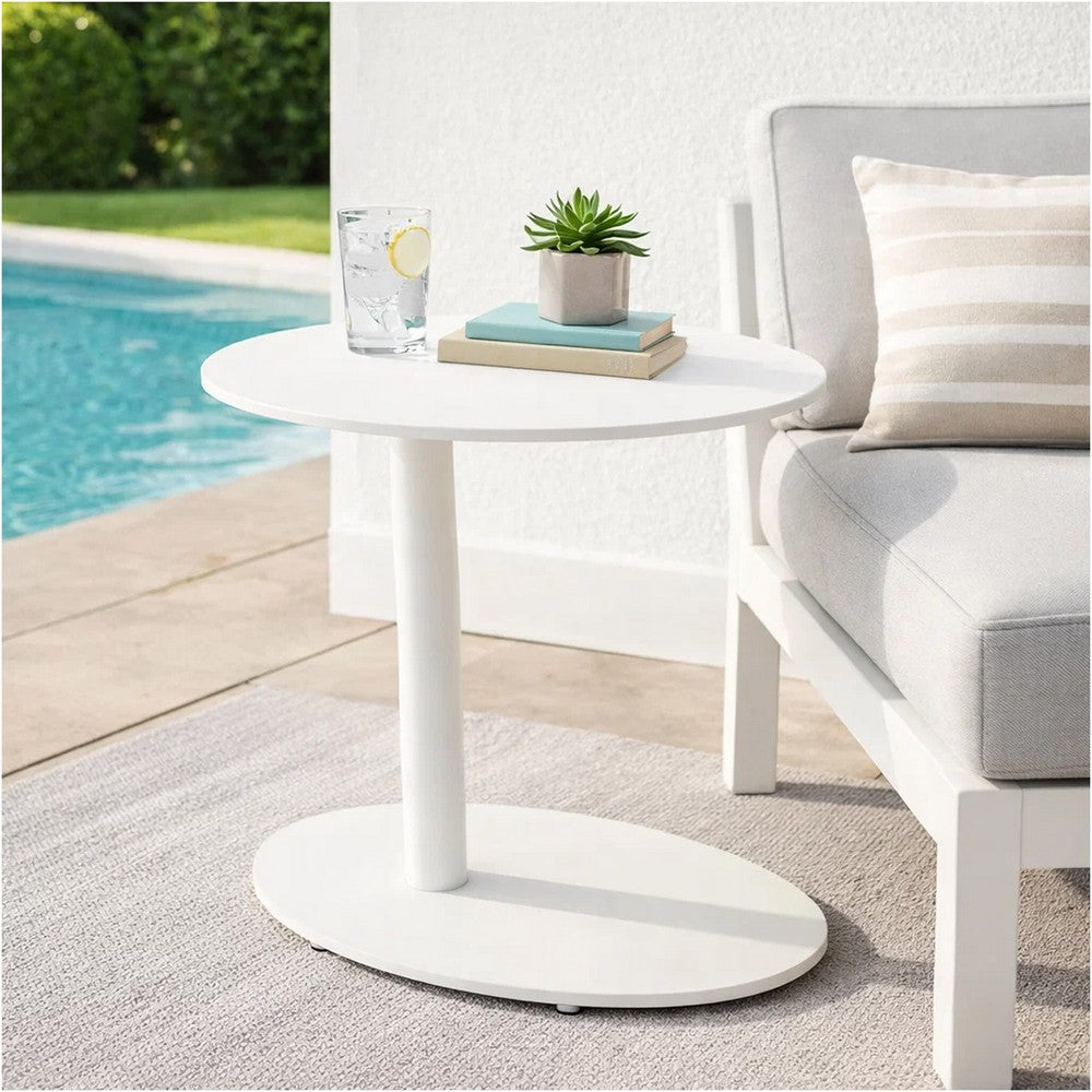 BM172103 Metal Outdoor Side Table With Oval Top and Base, White