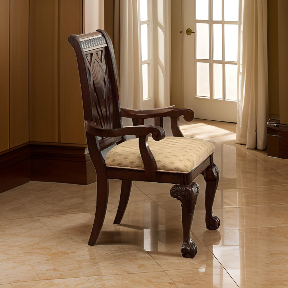 Traditional Style Wooden-Fabric Dinning Arm Chair With Carved Details, Brown & Cream, Set of 2 - BM174343