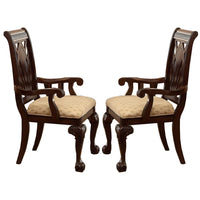 Traditional Style Wooden-Fabric Dinning Arm Chair With Carved Details, Brown & Cream, Set of 2 - BM174343