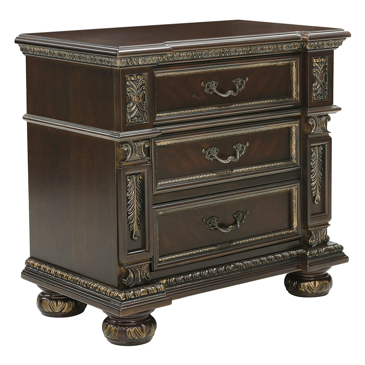 Intricately Carved Wooden Night stand with Antique Brass Handles, Cherry Brown - BM174449