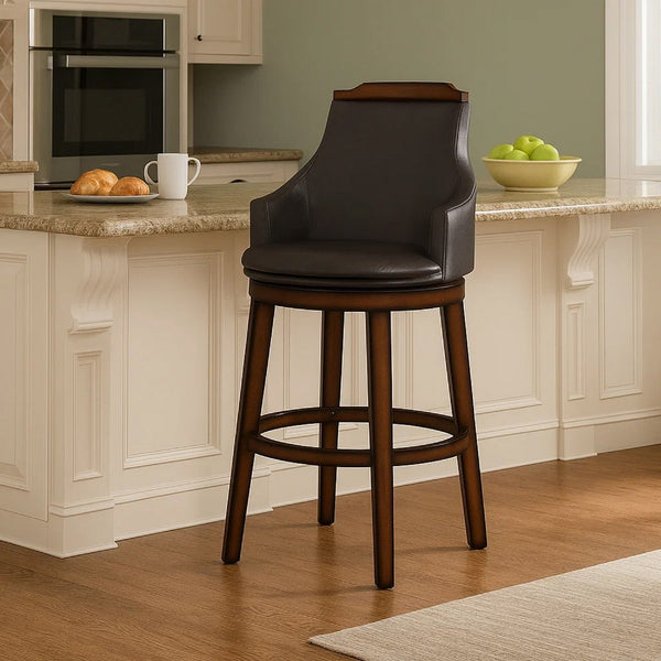 Wood & Leather Bar Height Chair With Swivel Mechanism, Oak Brown & Black, Set Of 2 - BM176301