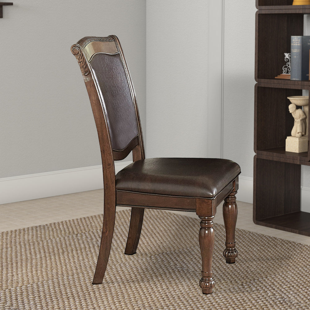 Wood & Leather Dining Side Chair, Cherry Brown & Dark Brown, Set Of 2 - BM176308