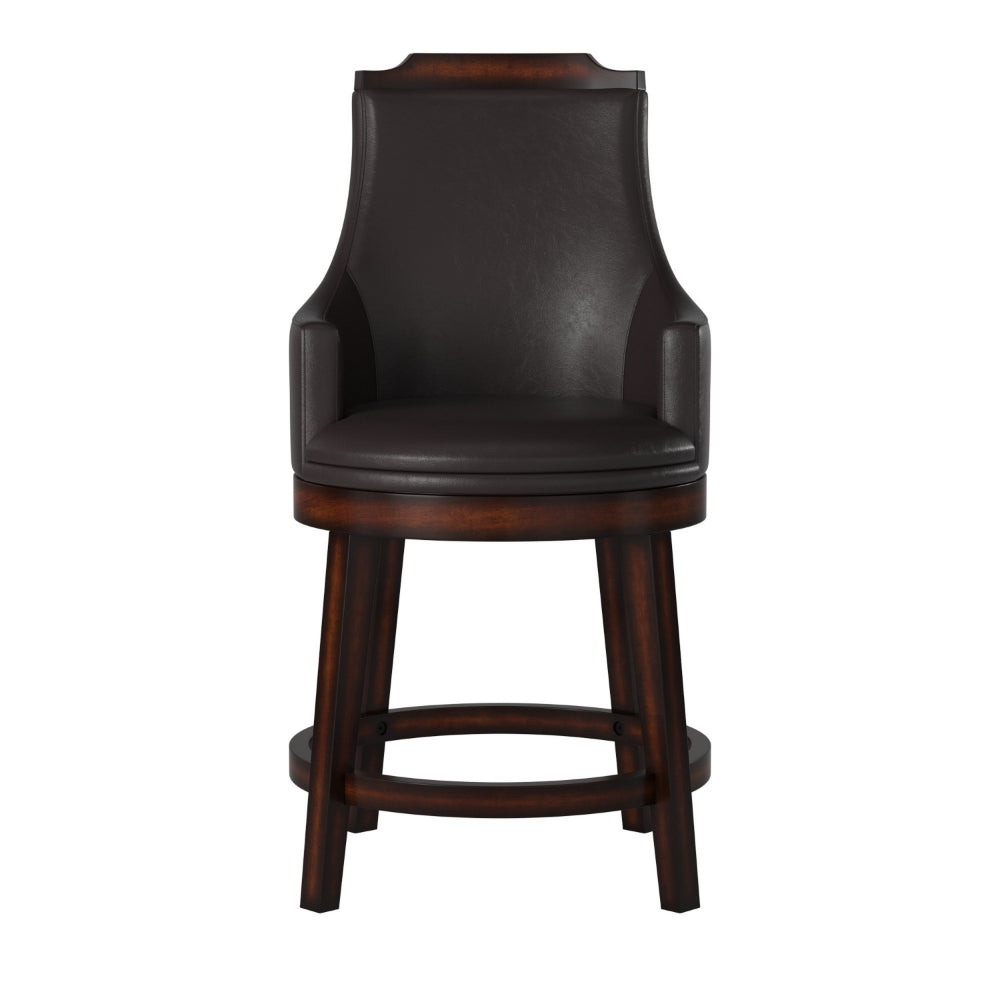 Wood & Leather Counter Height Chair With Swivel Mechanism, Brown & Black, Set Of 2 - BM176340