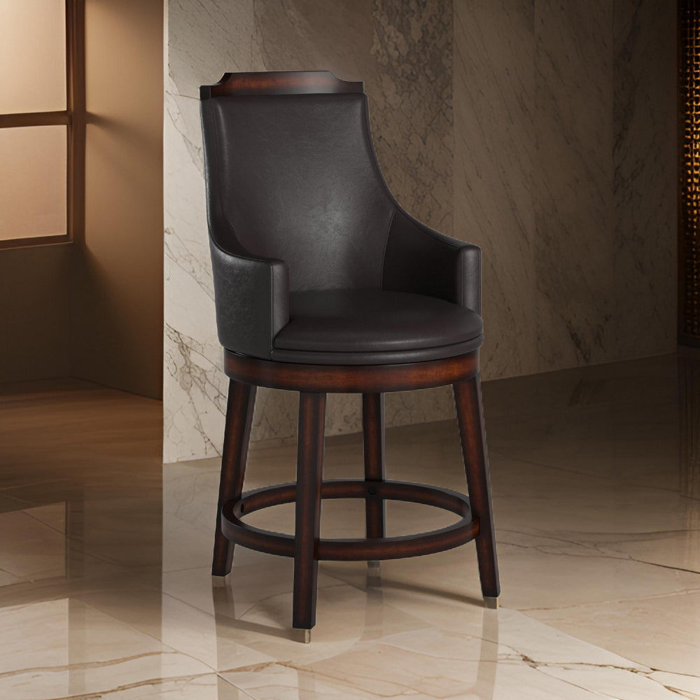 Wood & Leather Counter Height Chair With Swivel Mechanism, Brown & Black, Set Of 2 - BM176340