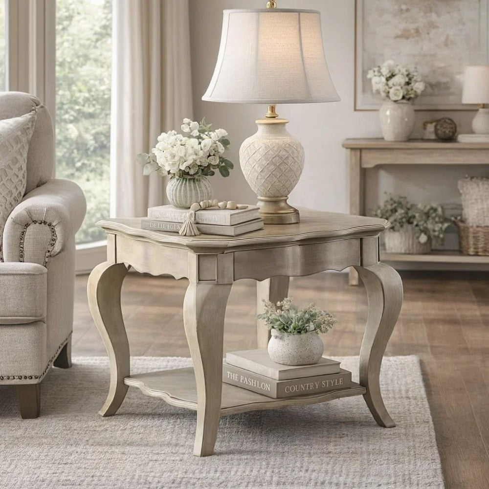 Wooden End Table with Lower Shelf in Antique Taupe Silver Finish - BM177695