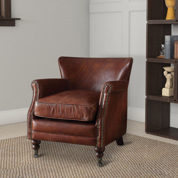 Leather Upholstered Accent Chair With Nail head Trim, Dark Brown - BM177728