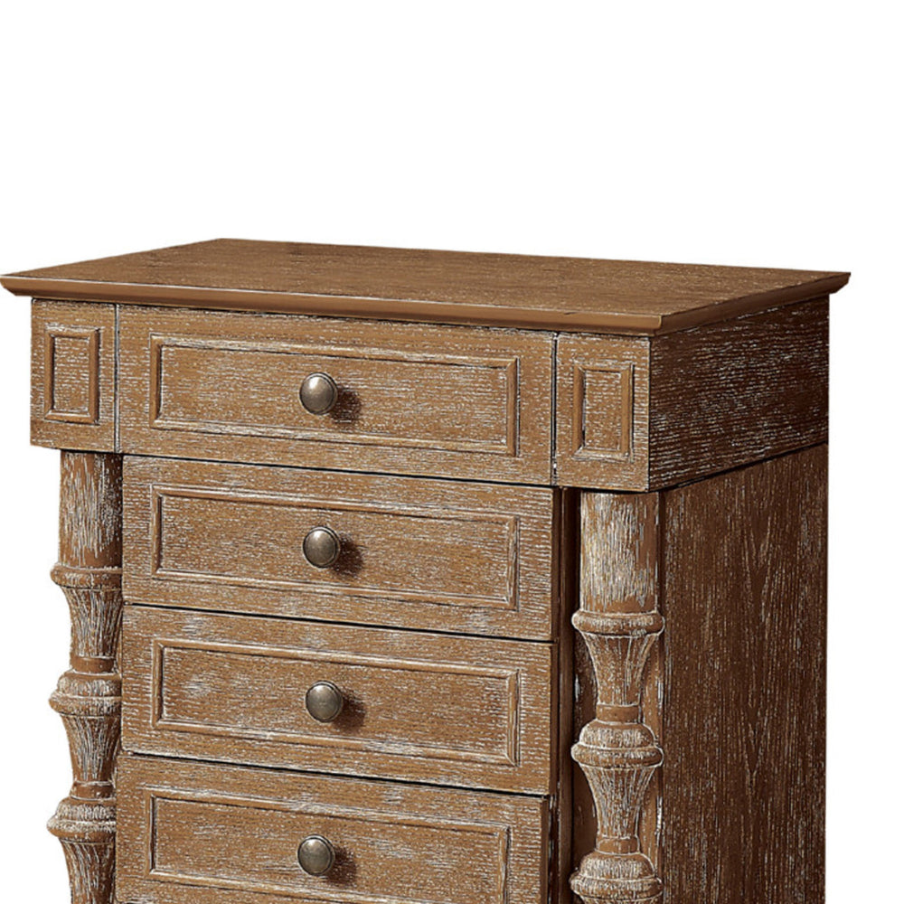 Wood Jewelry Armoire With 6 Drawers And Top Lid in Weathered Oak Brown  - BM177738