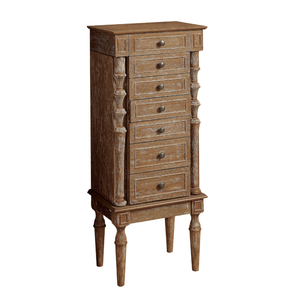 Wood Jewelry Armoire With 6 Drawers And Top Lid in Weathered Oak Brown  - BM177738