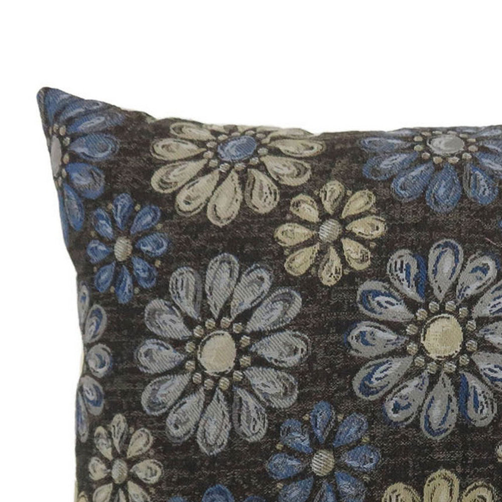 Contemporary Style Floral Designed Set of 2 Throw Pillows, Navy Blue