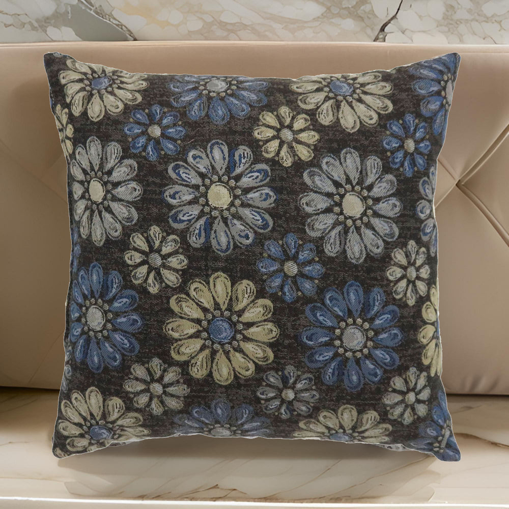 Contemporary Style Floral Designed Set of 2 Throw Pillows, Navy Blue