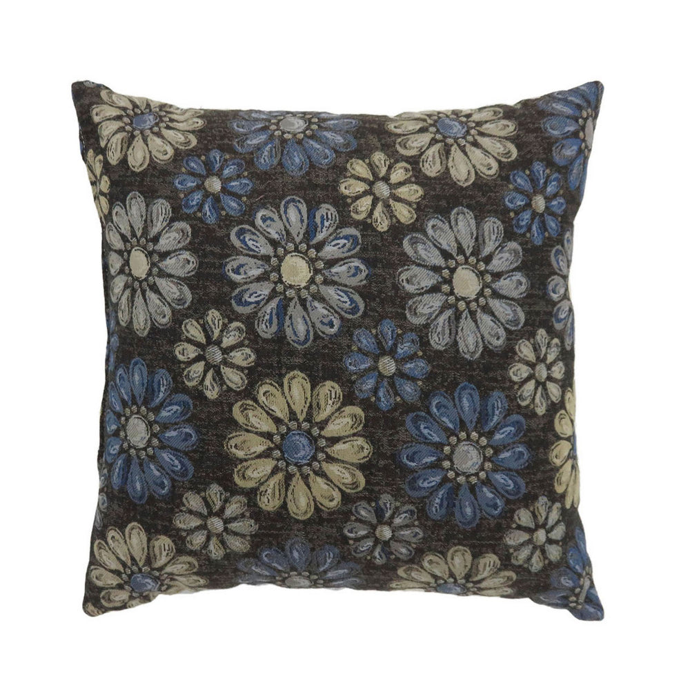 Contemporary Style Floral Designed Set of 2 Throw Pillows, Navy Blue