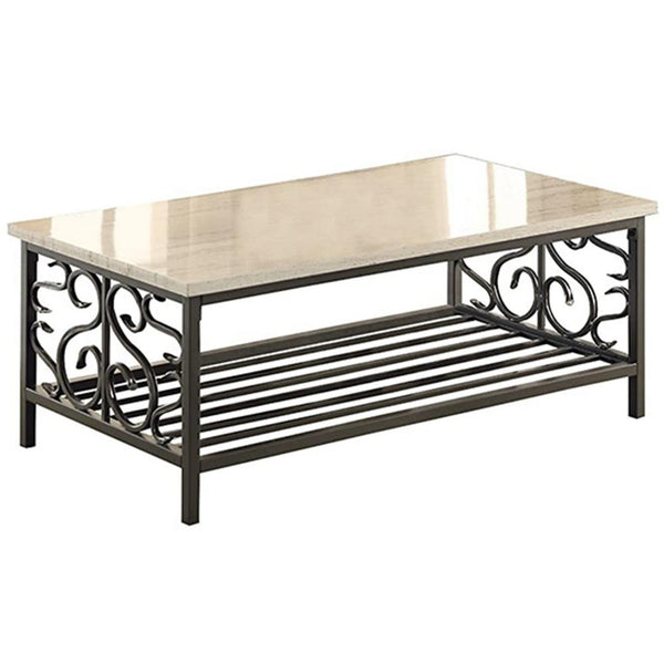 3 Piece Faux Marble Top Table Set With Decorative Metal Frame, Cream & Gray - BM180008