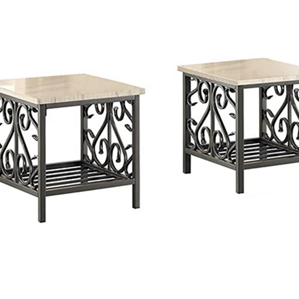 3 Piece Faux Marble Top Table Set With Decorative Metal Frame, Cream & Gray - BM180008