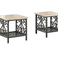 3 Piece Faux Marble Top Table Set With Decorative Metal Frame, Cream & Gray - BM180008