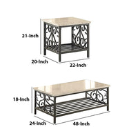 3 Piece Faux Marble Top Table Set With Decorative Metal Frame, Cream & Gray - BM180008
