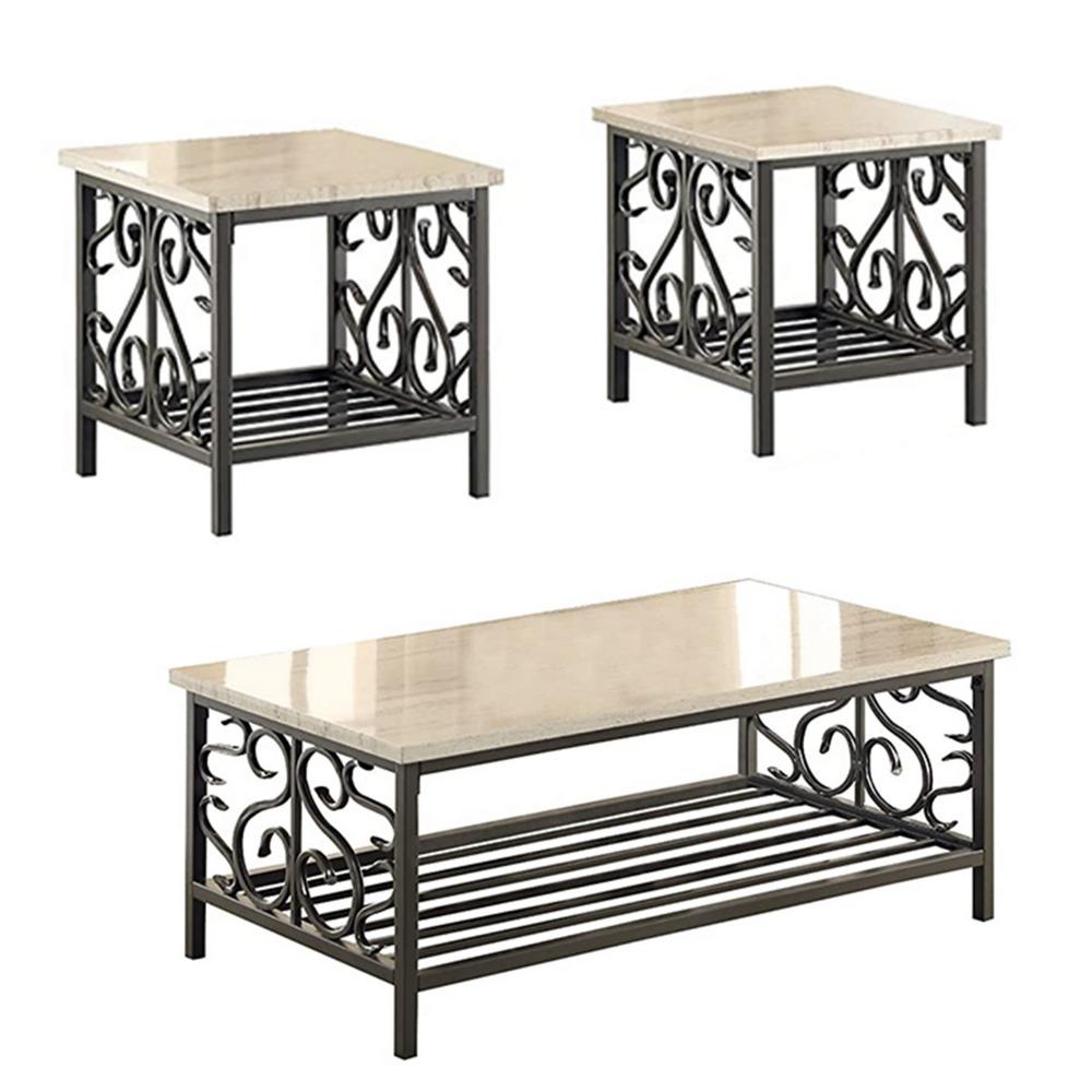3 Piece Faux Marble Top Table Set With Decorative Metal Frame, Cream & Gray - BM180008