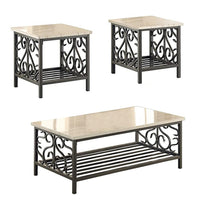 3 Piece Faux Marble Top Table Set With Decorative Metal Frame, Cream & Gray - BM180008