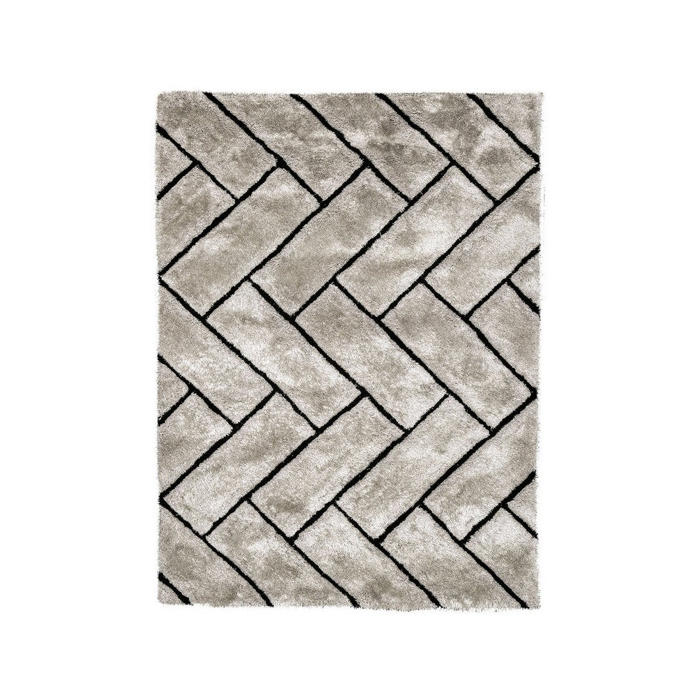 3D Zig Zag Patterned Polyester Area Rug With Jute Mesh Backing, Gray
 and Black - FOA-RG5195