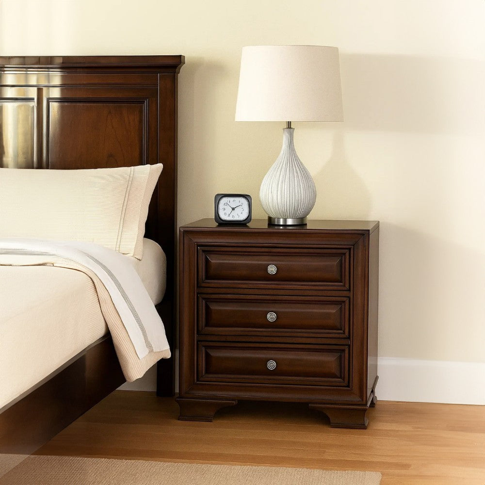 Wooden Night Stand With 3 Drawers In Cherry Brown - BM181394