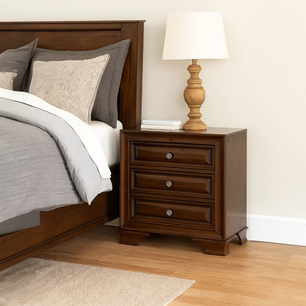 Wooden Night Stand With 3 Drawers In Cherry Brown - BM181394