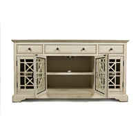 Koi 60 Inch Acacia Wood Sideboard Buffet TV Entertainment Console, 4 Fretwork Glass Doors, Antique White - BM181498