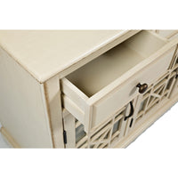 Koi 60 Inch Acacia Wood Sideboard Buffet TV Entertainment Console, 4 Fretwork Glass Doors, Antique White - BM181498