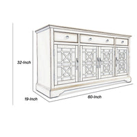 Koi 60 Inch Acacia Wood Sideboard Buffet TV Entertainment Console, 4 Fretwork Glass Doors, Antique White - BM181498