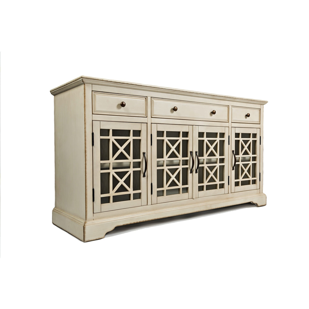 Koi 60 Inch Acacia Wood Sideboard Buffet TV Entertainment Console, 4 Fretwork Glass Doors, Antique White - BM181498