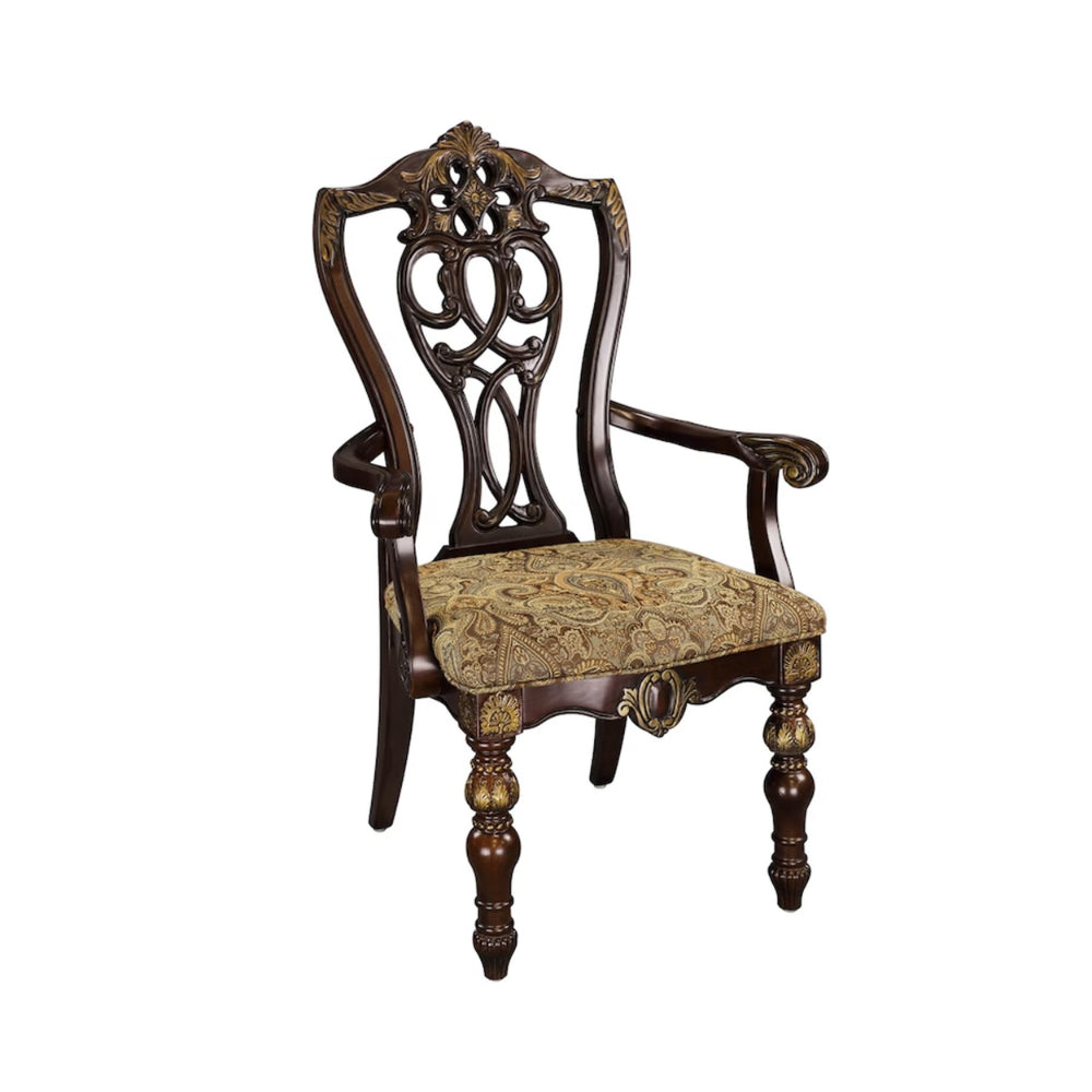 Fabric Upholstered Wooden Arm Chair With Intricate Back, Set of 2 , Cherry Brown - BM181813