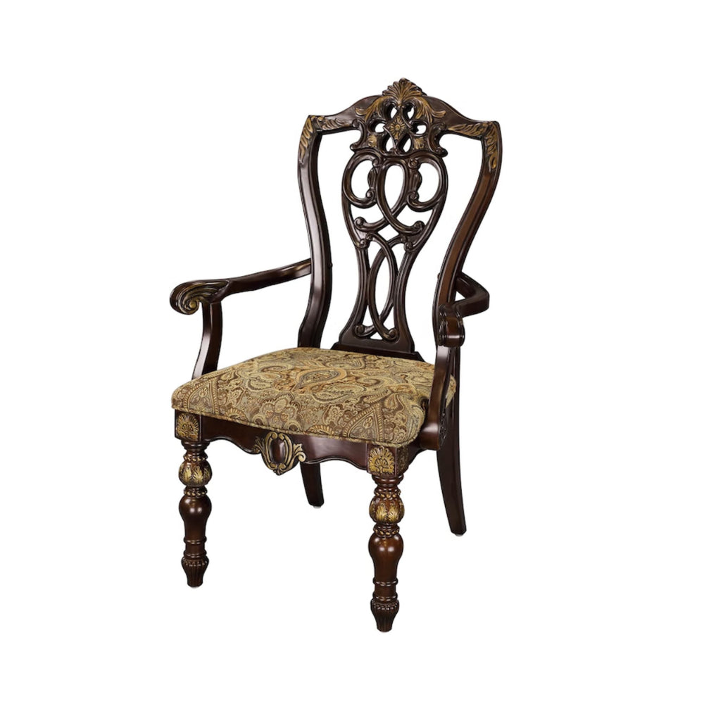 Fabric Upholstered Wooden Arm Chair With Intricate Back, Set of 2 , Cherry Brown - BM181813