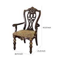 Fabric Upholstered Wooden Arm Chair With Intricate Back, Set of 2 , Cherry Brown - BM181813