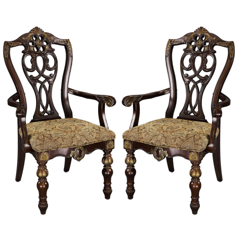 Fabric Upholstered Wooden Arm Chair With Intricate Back, Set of 2 , Cherry Brown - BM181813