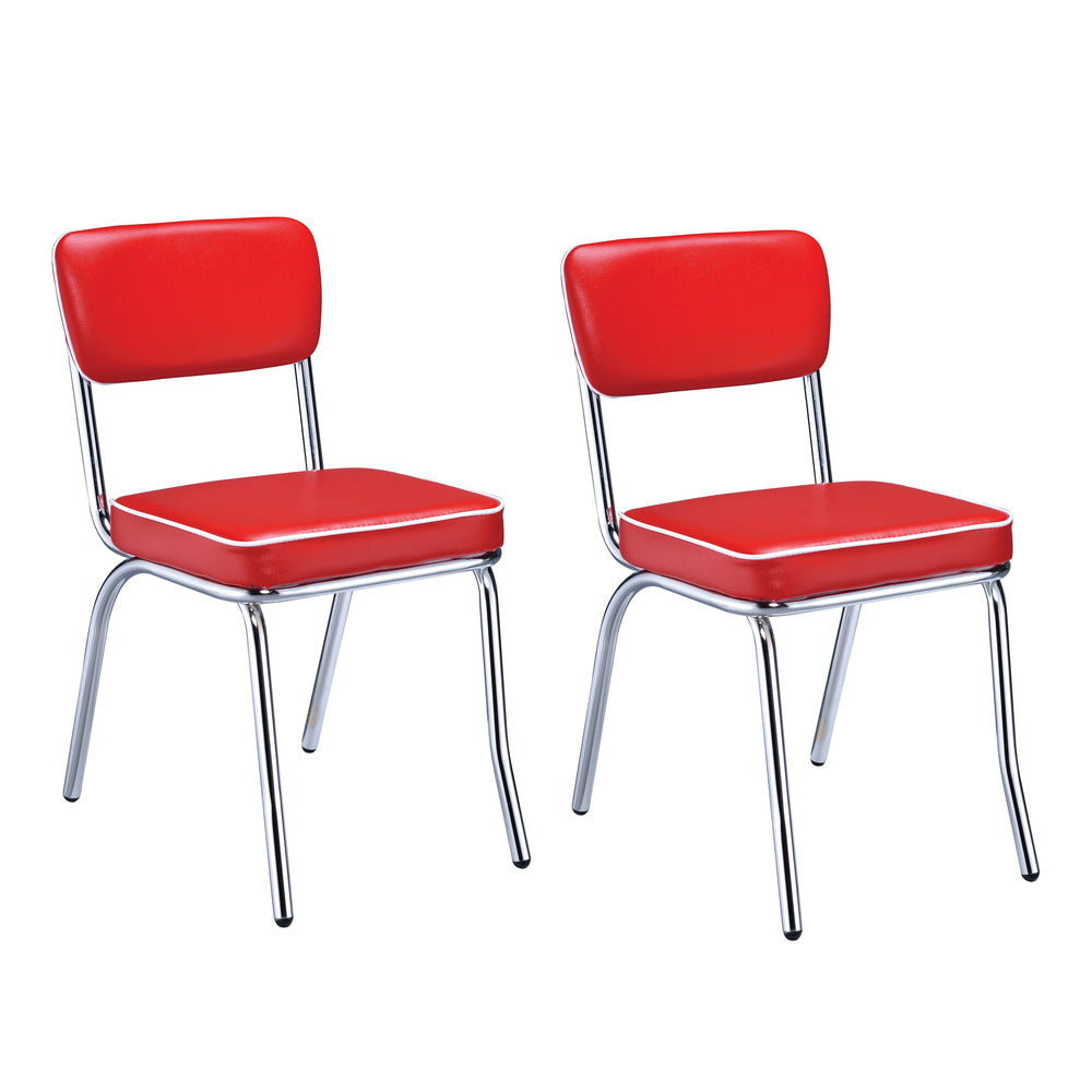 Dining Side Chair Set of 2, Retro Red Faux Leather, Chrome Metal Legs - BM182770