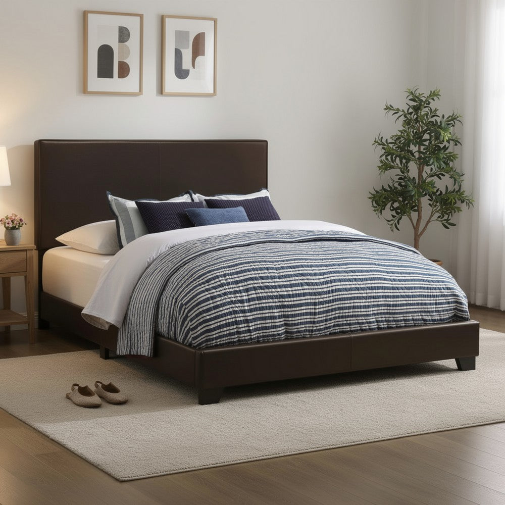Leather Upholstered California King Size Platform Bed, Brown