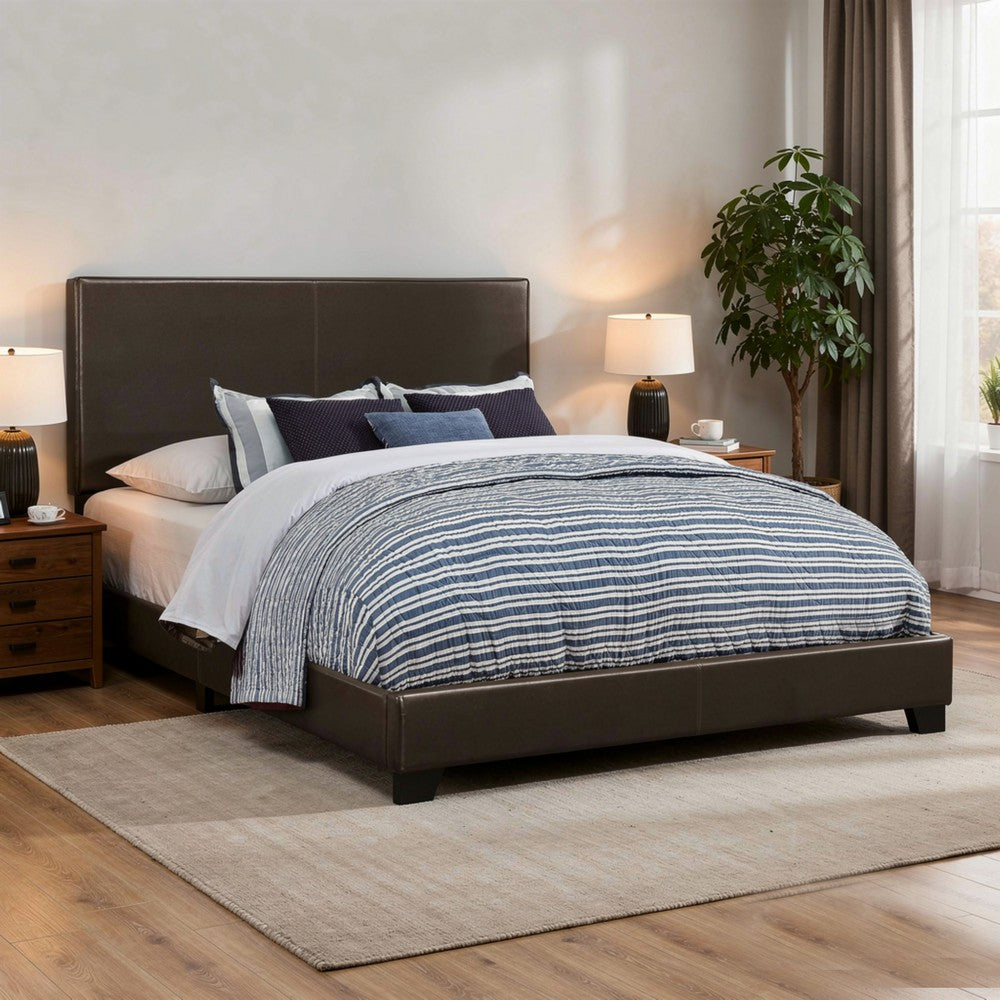 Leather Upholstered California King Size Platform Bed, Brown