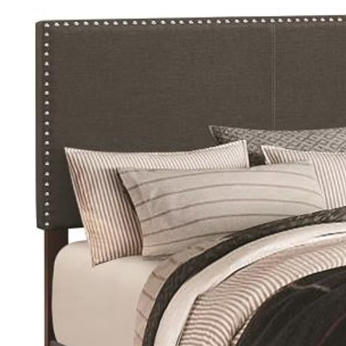 Fabric Upholstered Queen Size Platform Bed with Nail Head Trim, Charcoal Gray - BM182809