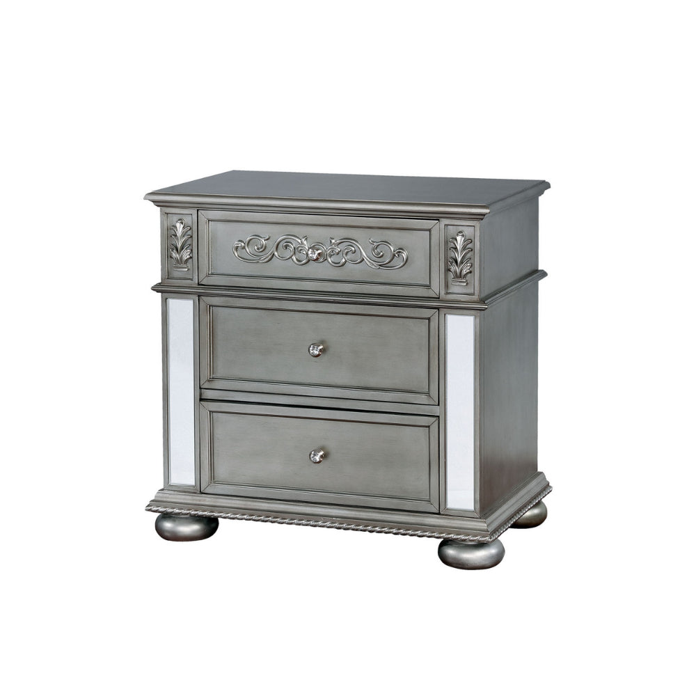 Traditional Solid Wood Night Stand With Floral Carvings Accent, Silver