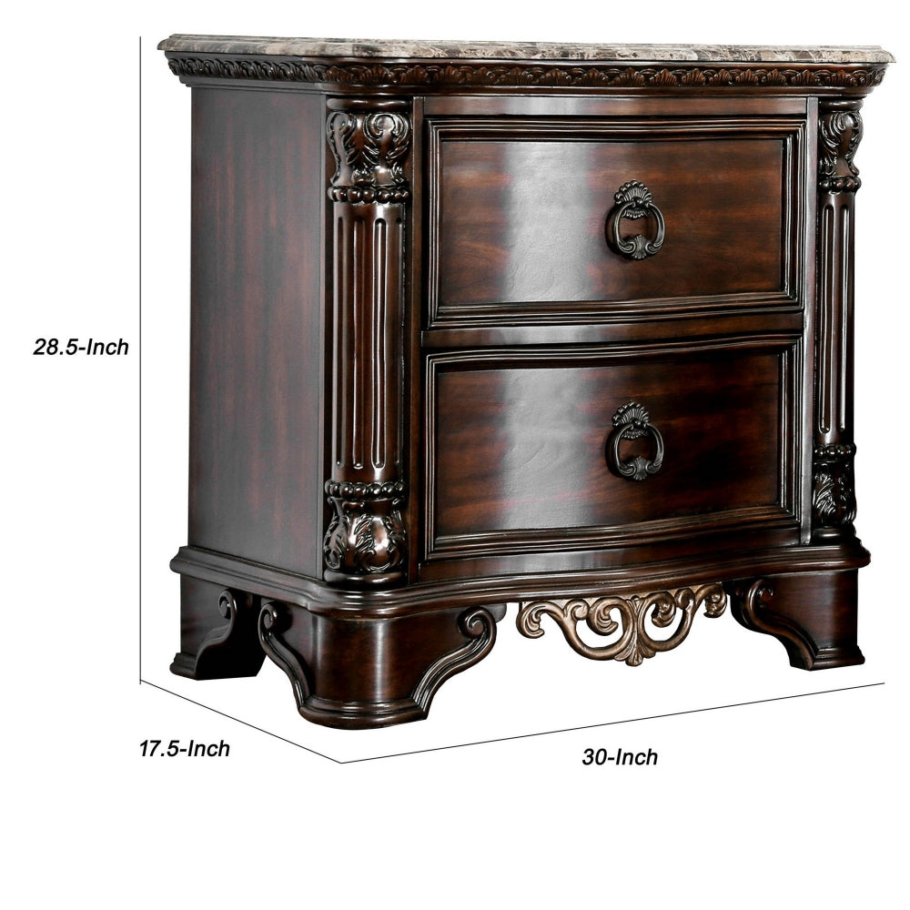 Transitional Wood Night Stand With Genuine Marble Top, Brown - BM182950