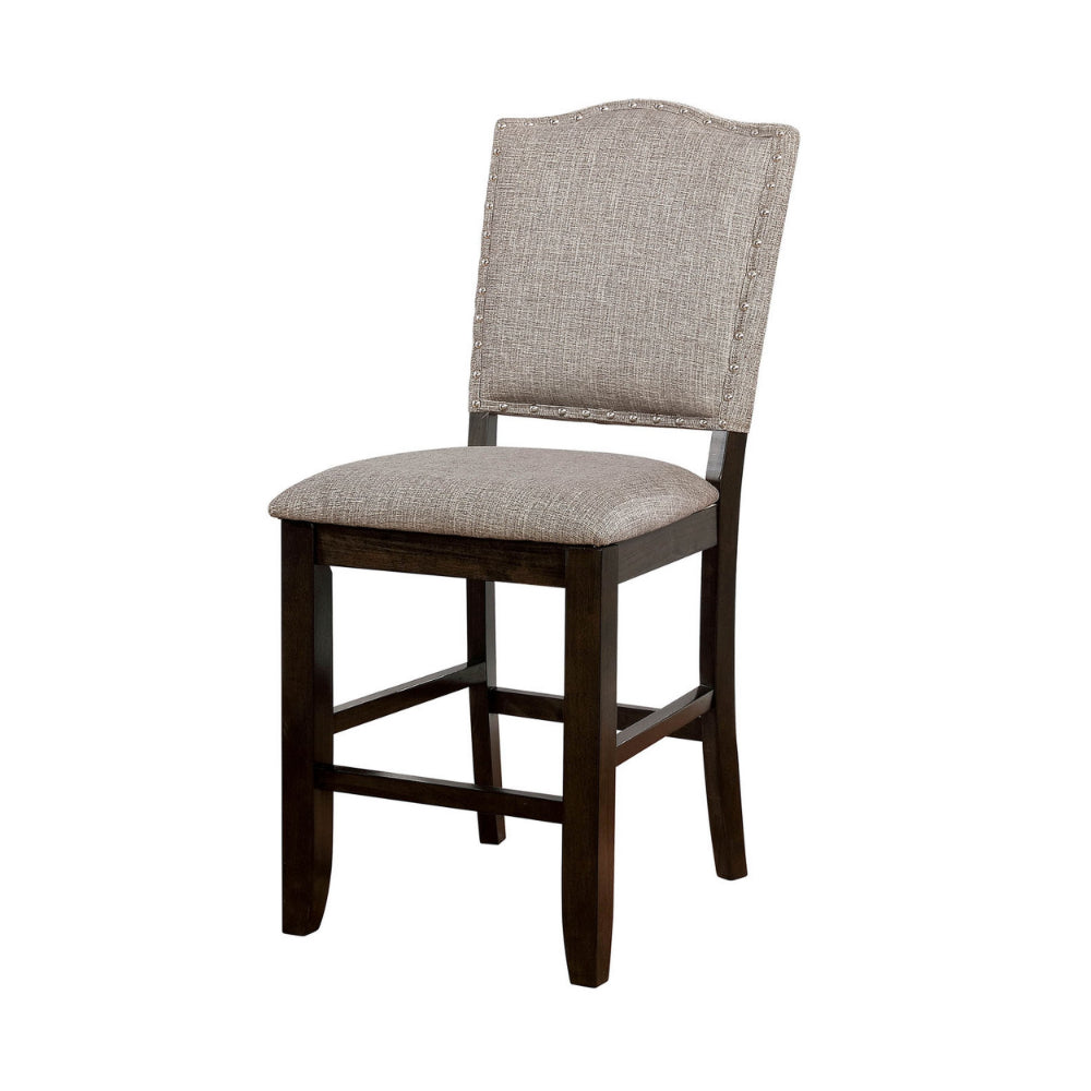 Fabric Upholstered Wooden Counter Height Chair with Camelback, Pack of Two, Gray and Brown